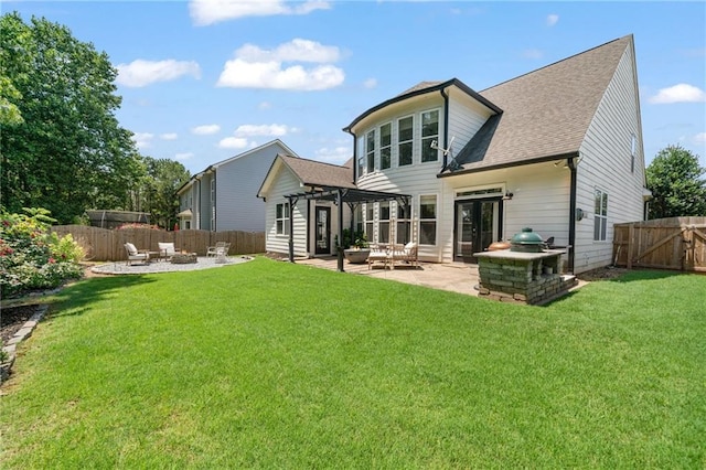 217 Springs Xing, Canton, GA 30114 - rear view of property featuring an outdoor fire pit, a patio, a fenced backyard, and a pergola