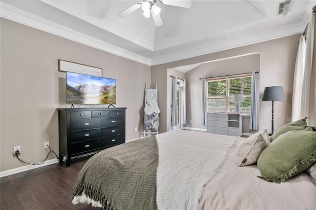 217 Springs Xing, Canton, GA 30114 - bedroom with dark wood-style flooring, crown molding, a raised ceiling, and a ceiling fan