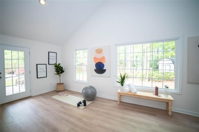 909 NE Otter Way NE, Marietta, GA 30068 - exercise area featuring wood finished floors and high vaulted ceiling