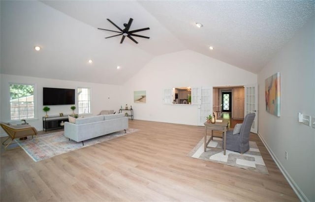 909 NE Otter Way NE, Marietta, GA 30068 - living area featuring lofted ceiling, wood finished floors, ceiling fan, and recessed lighting
