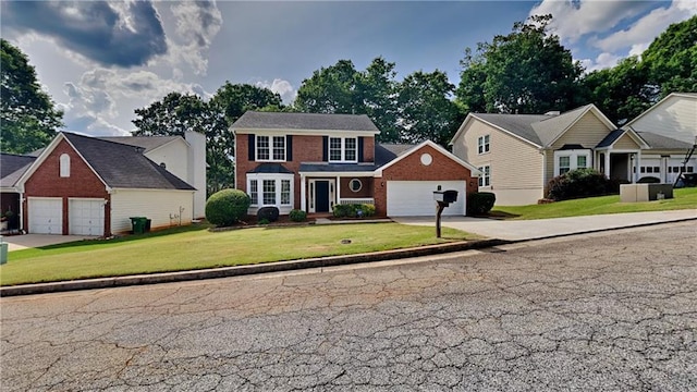 view of front of house featuring a front lawn, brick siding, and driveway