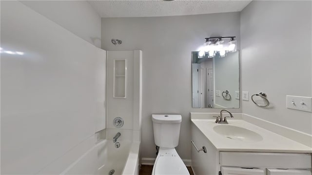 full bath featuring vanity, bathing tub / shower combination, a textured ceiling, and toilet