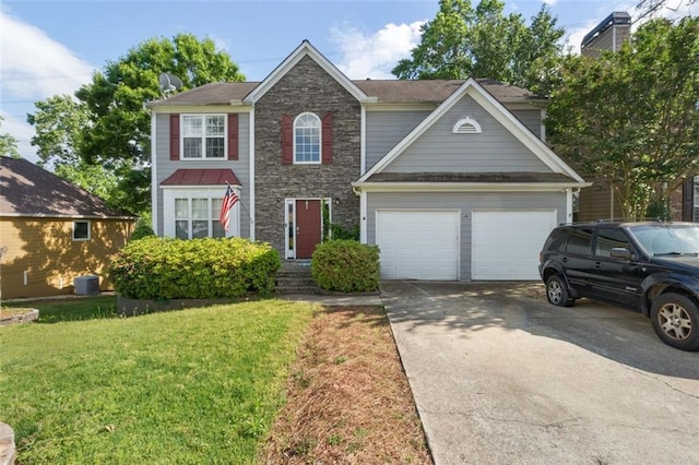 5077 Newpark Dr NW, Acworth, GA 30101 - colonial inspired home featuring concrete driveway, stone siding, a front lawn, and a garage