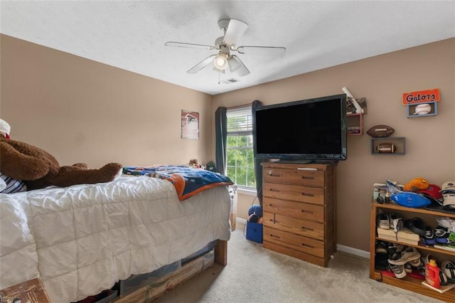 5077 Newpark Dr NW, Acworth, GA 30101 - bedroom featuring a textured ceiling, visible vents, ceiling fan, light carpet, and baseboards