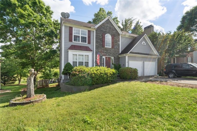 5077 Newpark Dr NW, Acworth, GA 30101 - view of front of house with concrete driveway, an attached garage, a front lawn, and stone siding