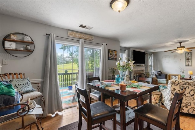 5077 Newpark Dr NW, Acworth, GA 30101 - dining room with a ceiling fan, a fireplace, visible vents, and a textured ceiling