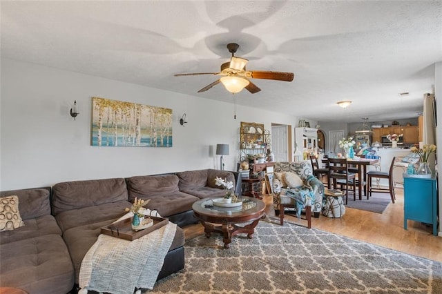 5077 Newpark Dr NW, Acworth, GA 30101 - living area with light wood-type flooring, ceiling fan, and a textured ceiling
