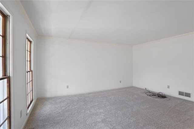 empty room featuring carpet, visible vents, a wealth of natural light, and ornamental molding