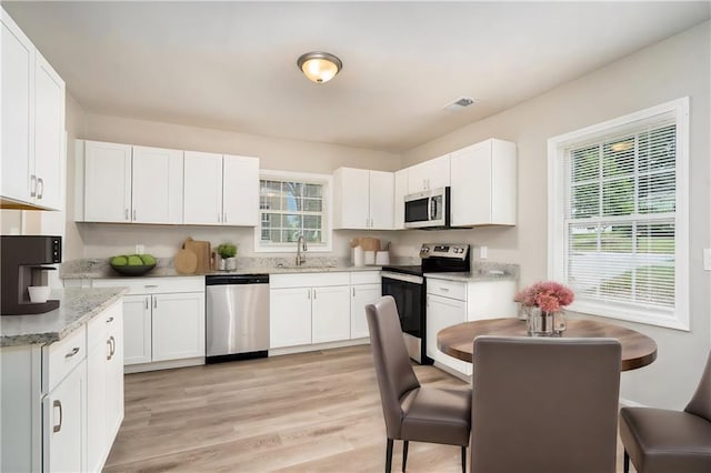 kitchen with white cabinets, a healthy amount of sunlight, sink, and stainless steel appliances