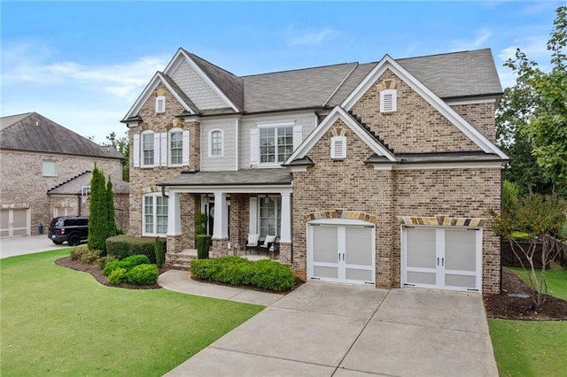 craftsman house featuring brick siding, a porch, concrete driveway, and a front yard