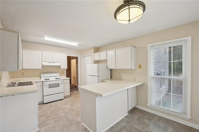 kitchen with white cabinets, sink, white appliances, and kitchen peninsula