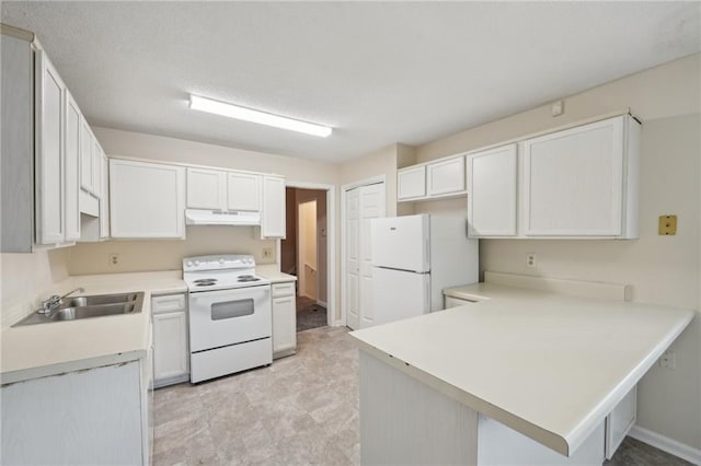 kitchen with white cabinetry, sink, white appliances, and kitchen peninsula