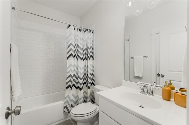 full bathroom with vanity, shower / bathtub combination with curtain, tile patterned flooring, and toilet