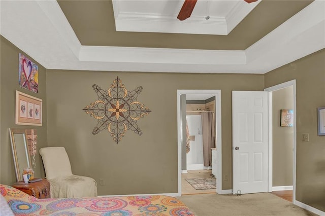 1784 Virginia Grove Ln, Lawrenceville, GA 30045 - bedroom featuring a raised ceiling, crown molding, carpet, ensuite bathroom, and a ceiling fan