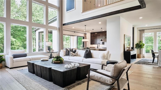 living room featuring a towering ceiling, sink, and light hardwood / wood-style flooring