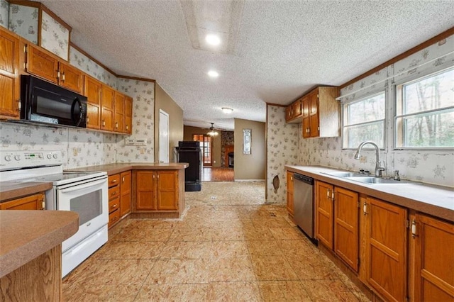 kitchen featuring wallpapered walls, a sink, black microwave, and white electric stove