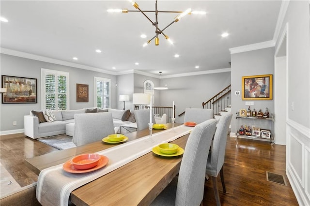 2362 Saint Davids Sq NW, Kennesaw, GA 30152 - dining room featuring ornamental molding, recessed lighting, a chandelier, dark wood-style floors, and stairway