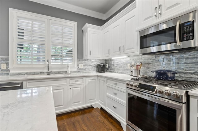 2362 Saint Davids Sq NW, Kennesaw, GA 30152 - kitchen featuring stainless steel appliances, a sink, ornamental molding, decorative backsplash, and white cabinetry