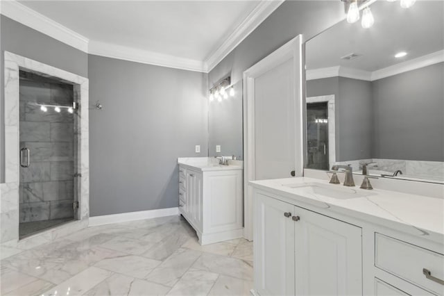 2362 Saint Davids Sq NW, Kennesaw, GA 30152 - full bath featuring marble finish floors, two vanities, baseboards, a shower stall, and ornamental molding