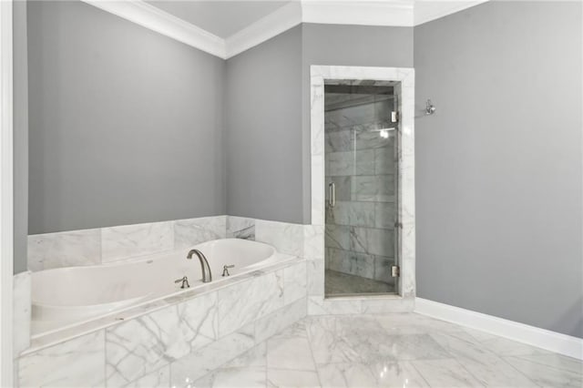 2362 Saint Davids Sq NW, Kennesaw, GA 30152 - bathroom with marble look tile flooring, a bath, ornamental molding, a marble finish shower, and baseboards