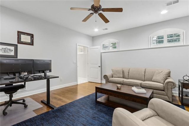 2362 Saint Davids Sq NW, Kennesaw, GA 30152 - living room featuring ceiling fan, wood finished floors, an office area, baseboards, and recessed lighting