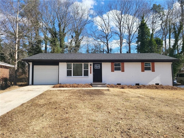 single story home featuring a garage and a front yard