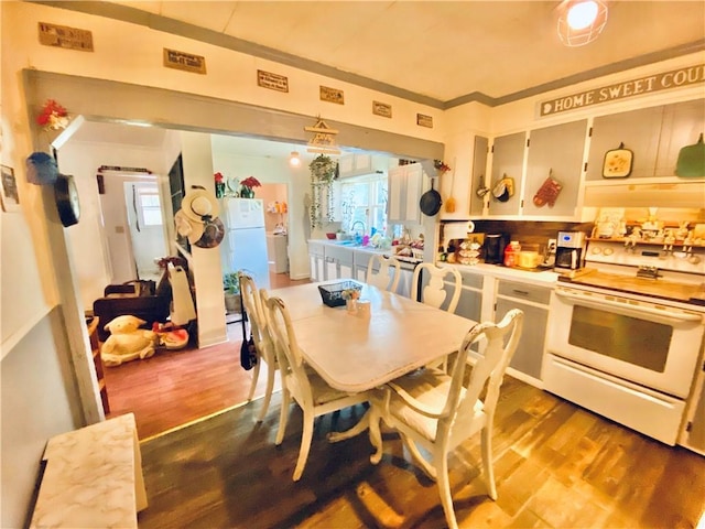 dining space featuring hardwood / wood-style flooring, sink, and a wealth of natural light