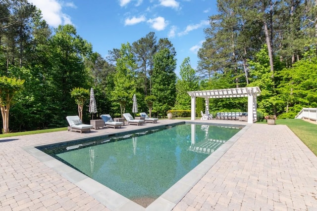 view of swimming pool featuring a pergola and a patio area