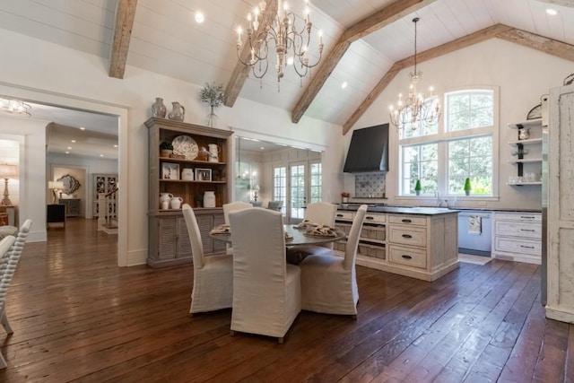 dining area featuring dark hardwood / wood-style flooring, beamed ceiling, and an inviting chandelier