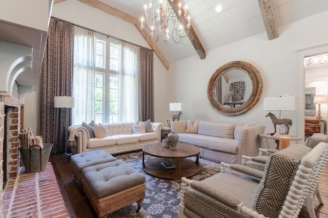 living room with beamed ceiling, hardwood / wood-style floors, high vaulted ceiling, and an inviting chandelier