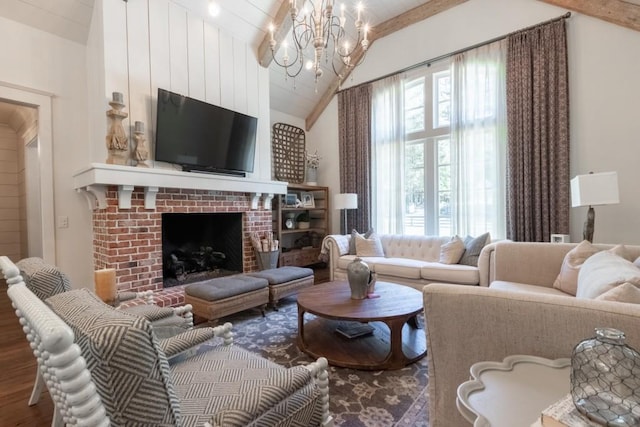 living room featuring high vaulted ceiling, a brick fireplace, beamed ceiling, a notable chandelier, and wood-type flooring