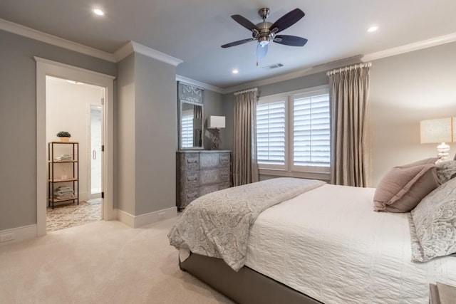 bedroom featuring light carpet, ceiling fan, and crown molding