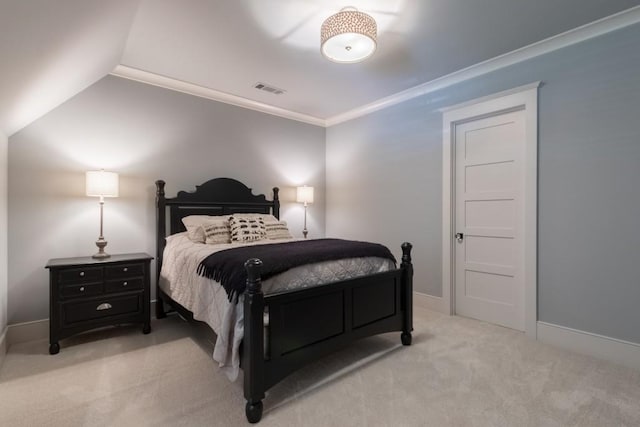 bedroom featuring light colored carpet, lofted ceiling, and crown molding