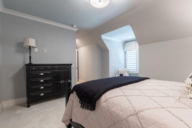 carpeted bedroom with crown molding