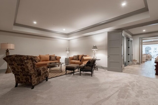 living room with light colored carpet and a tray ceiling