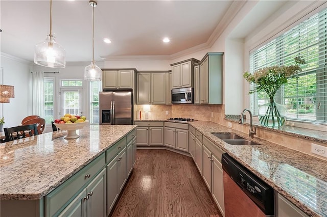 715 Saybeck Way, Milton, GA 30004 - kitchen with stainless steel appliances, gray cabinetry, dark wood finished floors, ornamental molding, and a kitchen island