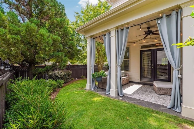 715 Saybeck Way, Milton, GA 30004 - fenced backyard with ceiling fan, french doors, and a patio area