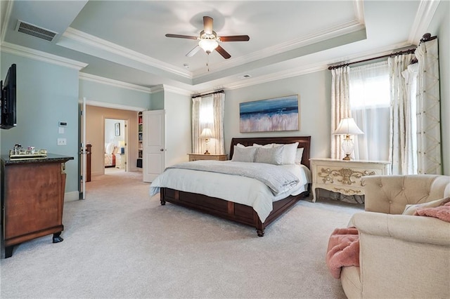 715 Saybeck Way, Milton, GA 30004 - bedroom featuring multiple windows, a tray ceiling, crown molding, light carpet, and ceiling fan