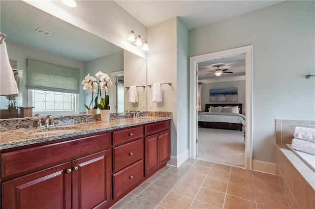 715 Saybeck Way, Milton, GA 30004 - ensuite bathroom with double vanity, a bath, tile patterned flooring, and a ceiling fan