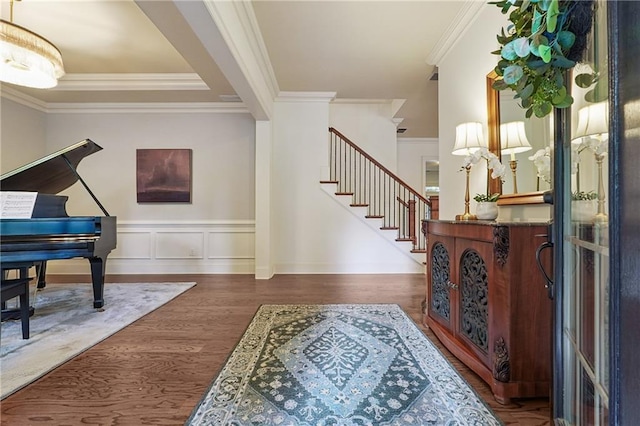 715 Saybeck Way, Milton, GA 30004 - entrance foyer featuring ornamental molding, wood finished floors, stairway, and wainscoting