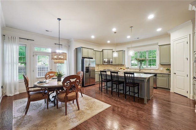 715 Saybeck Way, Milton, GA 30004 - dining space with crown molding, plenty of natural light, dark wood-style flooring, and recessed lighting