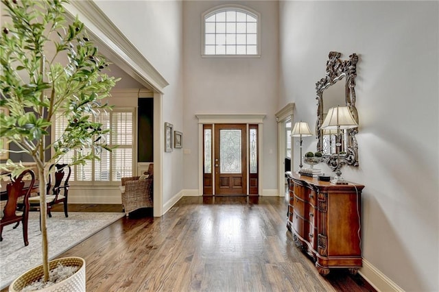 entrance foyer with a towering ceiling, dark hardwood / wood-style floors, and a healthy amount of sunlight