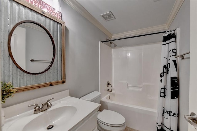 full bathroom with vanity, toilet, shower / bath combo with shower curtain, and ornamental molding