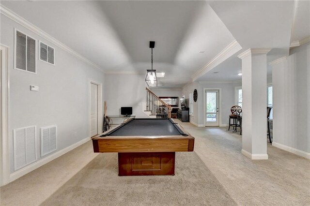 recreation room with light carpet, ornamental molding, and billiards