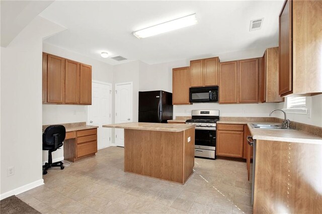 kitchen featuring a center island, stainless steel appliances, light countertops, brown cabinetry, and a sink