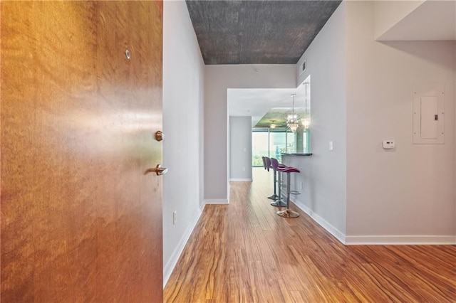 hallway featuring hardwood / wood-style flooring, a notable chandelier, and electric panel