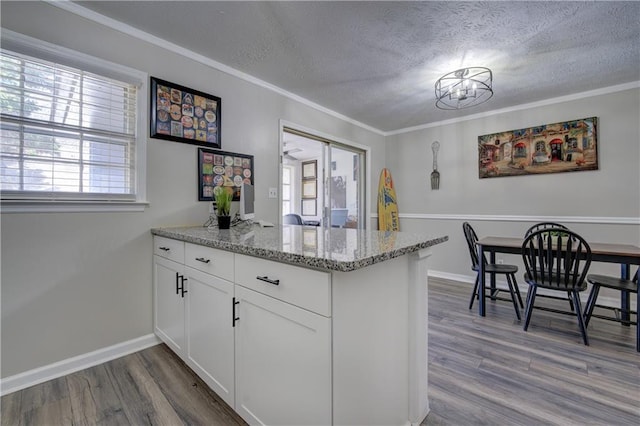6700 Roswell Rd Unit 32C, Atlanta, GA 30328 - kitchen featuring a peninsula, a textured ceiling, plenty of natural light, white cabinetry, and dark wood-type flooring