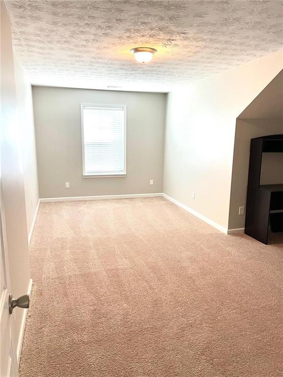 spare room with light carpet and a textured ceiling