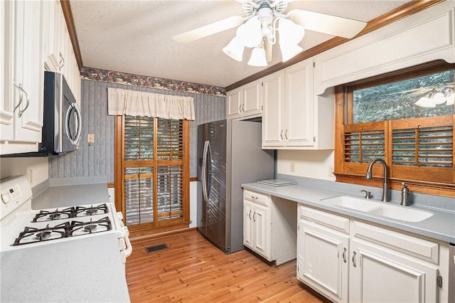 1488 White Columns Blvd, Canton, GA 30115 - kitchen featuring stainless steel appliances, white cabinetry, light wood-style flooring, ceiling fan, and a textured ceiling