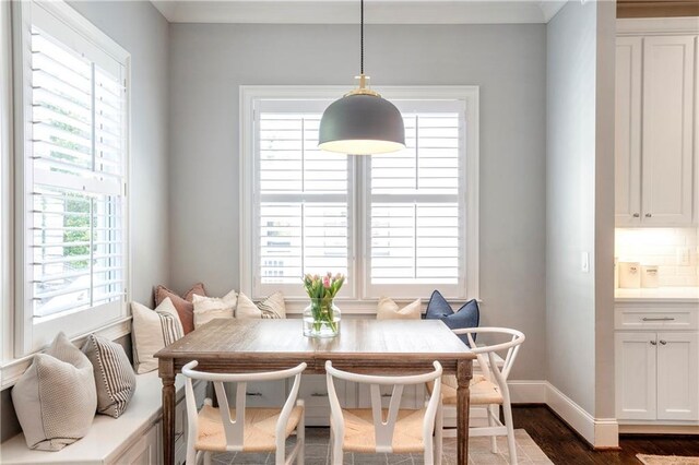 dining room with baseboards, plenty of natural light, ornamental molding, and dark wood-type flooring